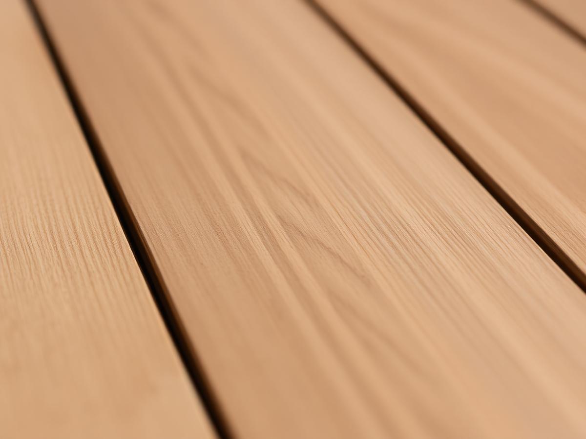 Close-up of a composite decking board with woodgrain texture